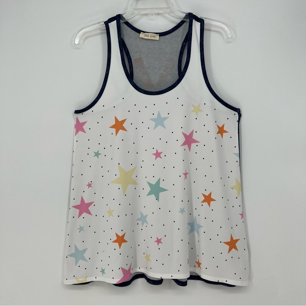 Phil Love Womens Tank Top Medium Racerback Multicolor Stars Soft Oversized NEW